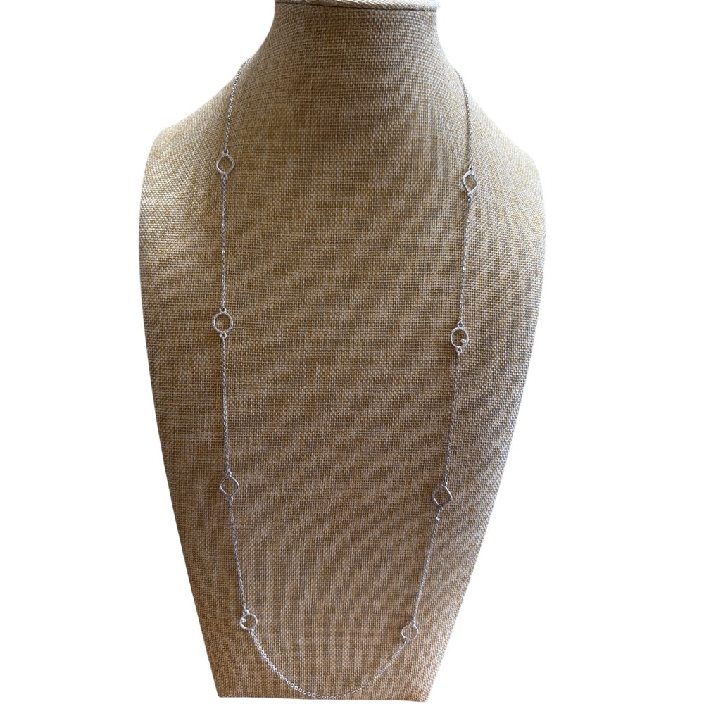 Silver Tone Long Geometric Station Necklace  Minimalist Layering Chain